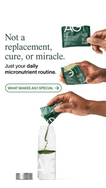 This ad creative uses a clean, studio-lit aesthetic to show the simple process of preparing a daily micronutrient supplement pack, focusing on utility and clarity.